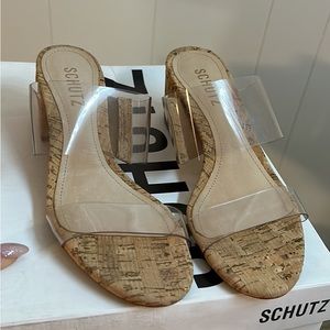 Brand New Schutz Victorie Sandals Transparent Cork Size 7B. Runs bit small.